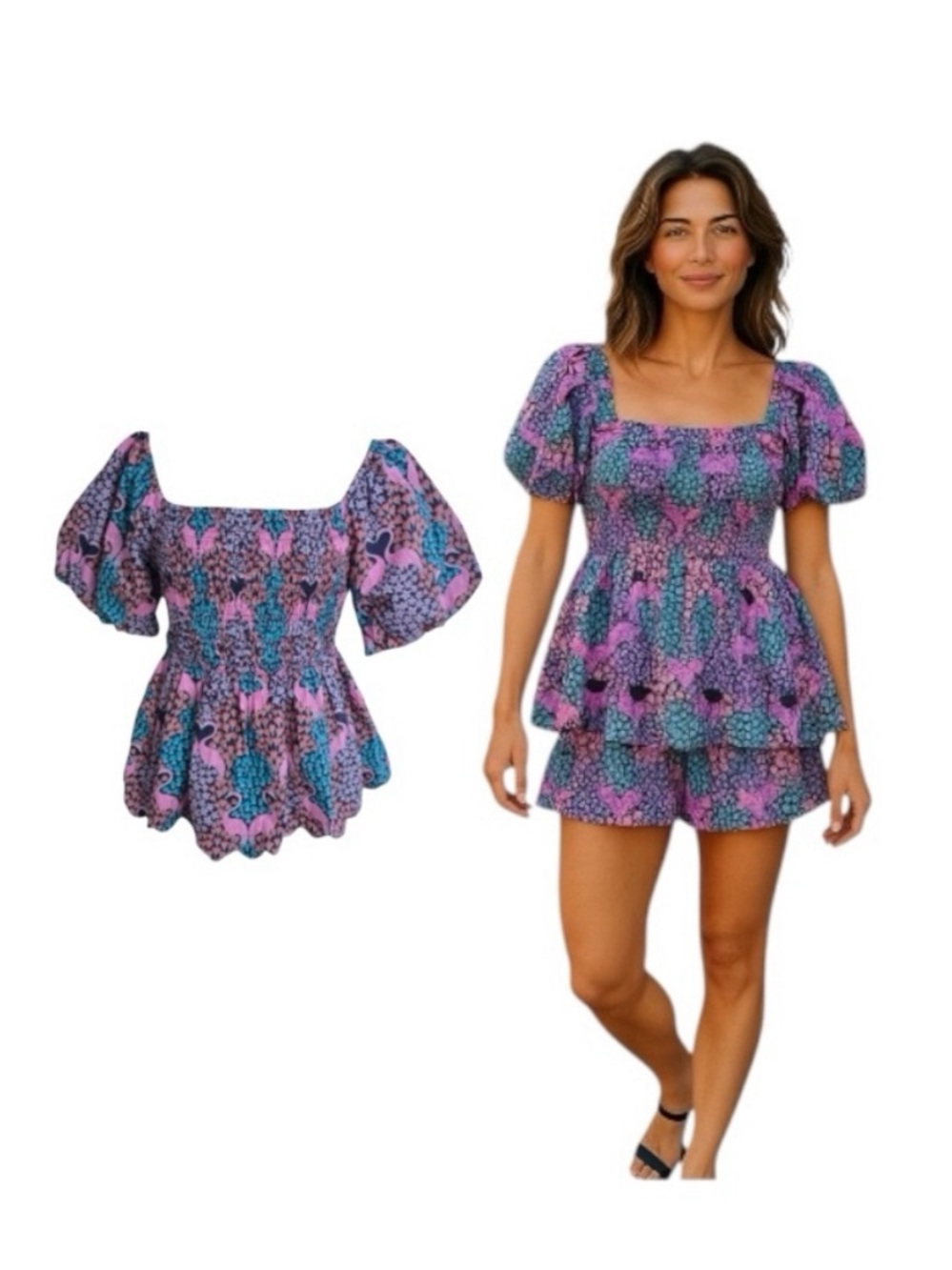 Simply Southern Scalloped Puff Sleeves Floral Flamingo Top